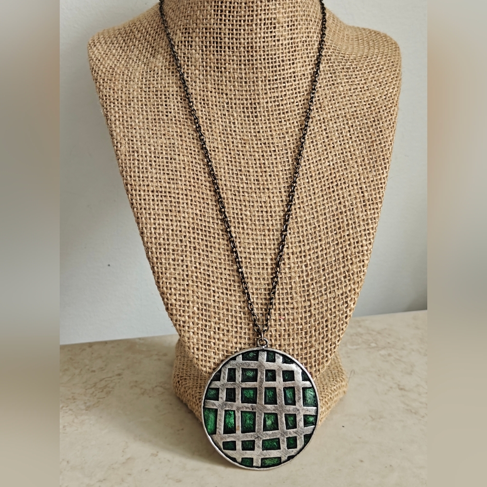 Modernist Geometric Pewter & Enamel Large Pendant Necklace Statement Style